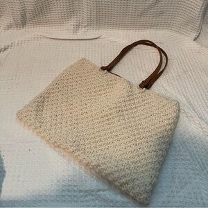 Knit White Square Purse with Brown Leather Handle